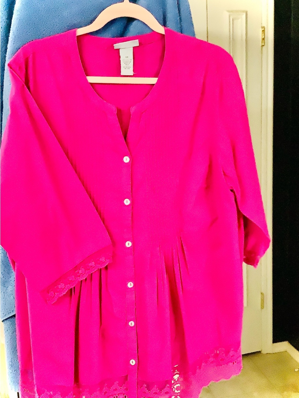 Women's Button-Front Pink Blouse with Lace Trim